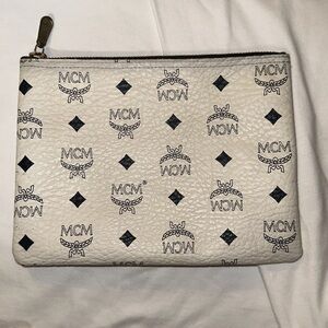 MCM Rare Vintage Visetos White with Navy Monogram, medium pouch